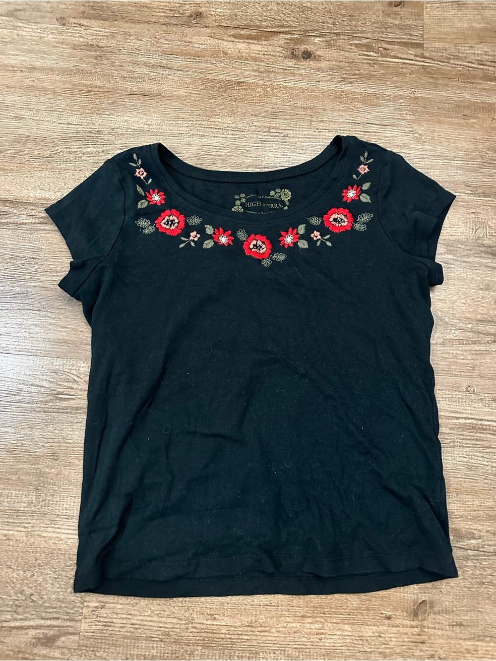 High Sierra Black Short Sleeve Tee with Red Floral Embroidery